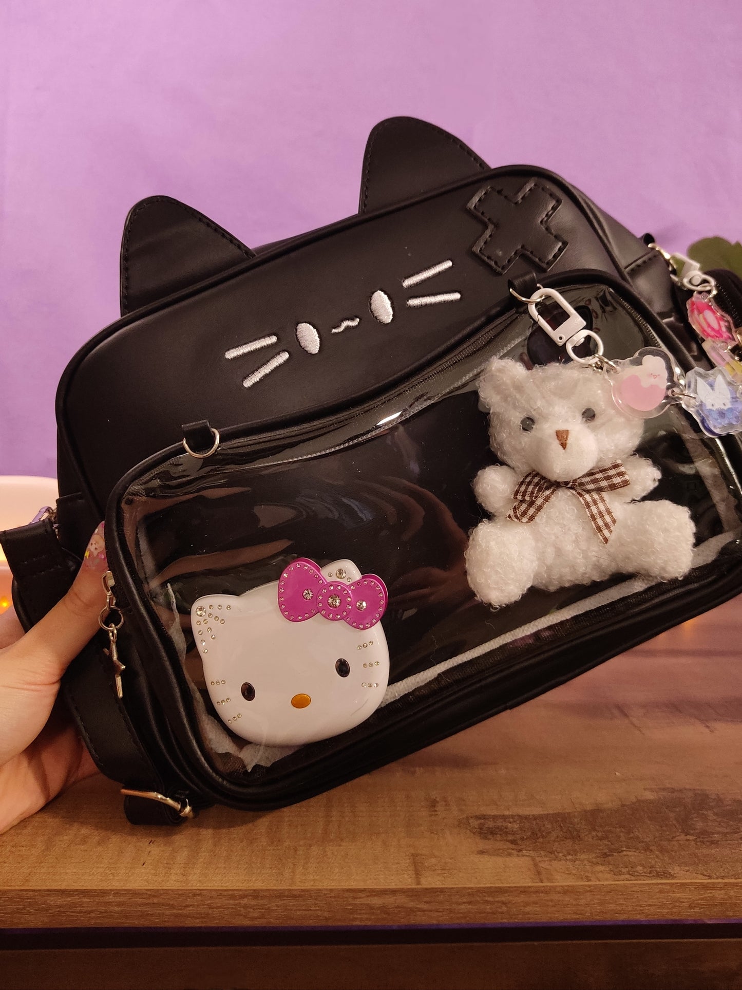 Sac Ita-Bag noir Chat Harajuku Y2K | Sac à Main Kawaii Personnalisable pour Pins & Peluches