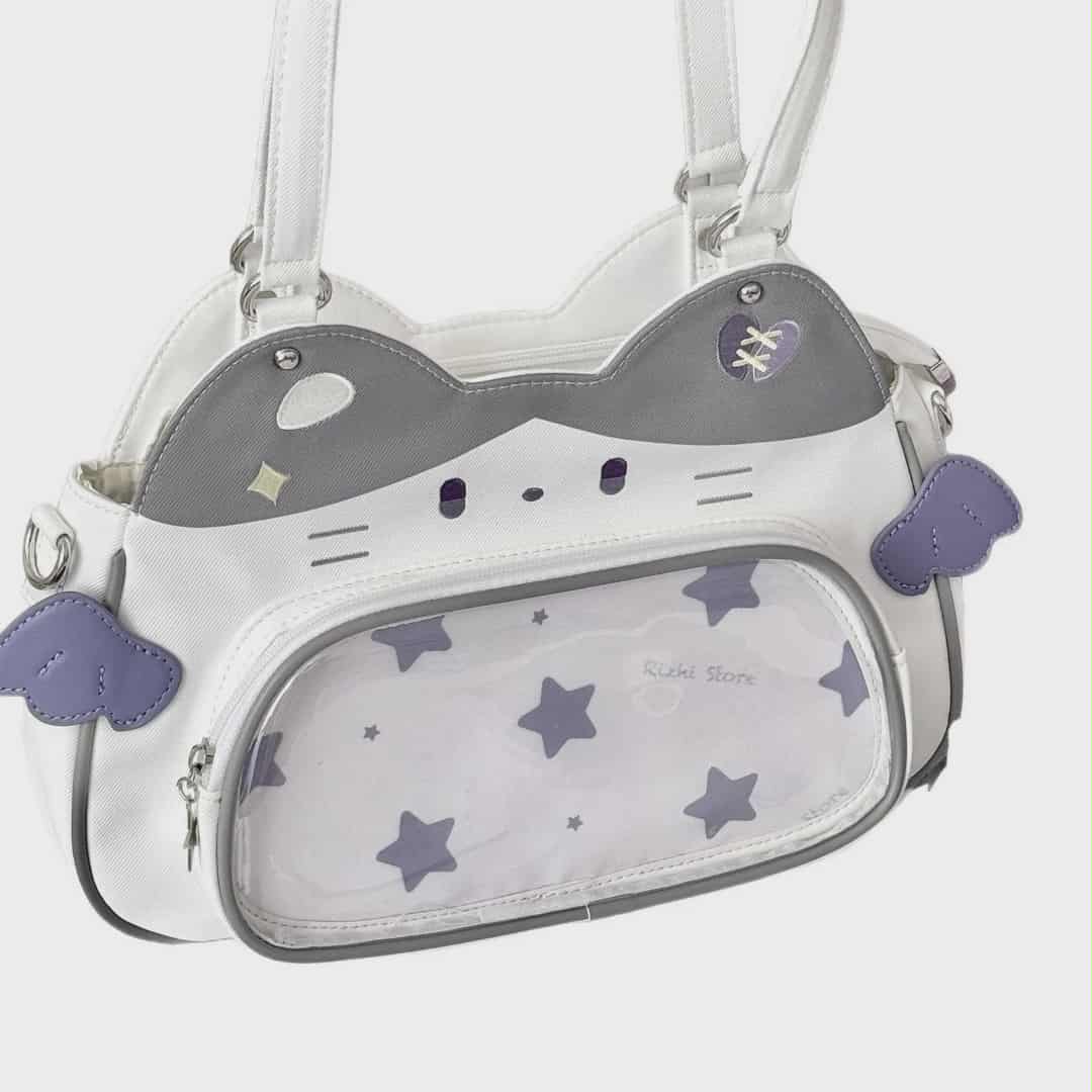 Sac Ita-Bag Blanc Gris Chat Harajuku Y2K | Sac à Main Kawaii Personnalisable pour Pins & Peluches
