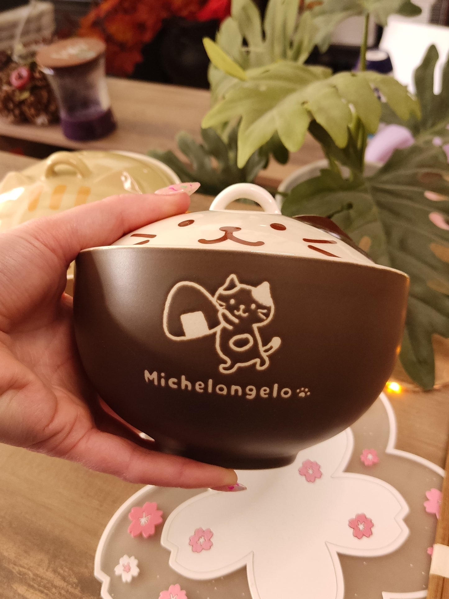 Bol à Soupe Ramen Chat Calico Kawaii avec Couvercle Céramique | Bol Japonais Mignon | Cadeau Amoureux des Chats