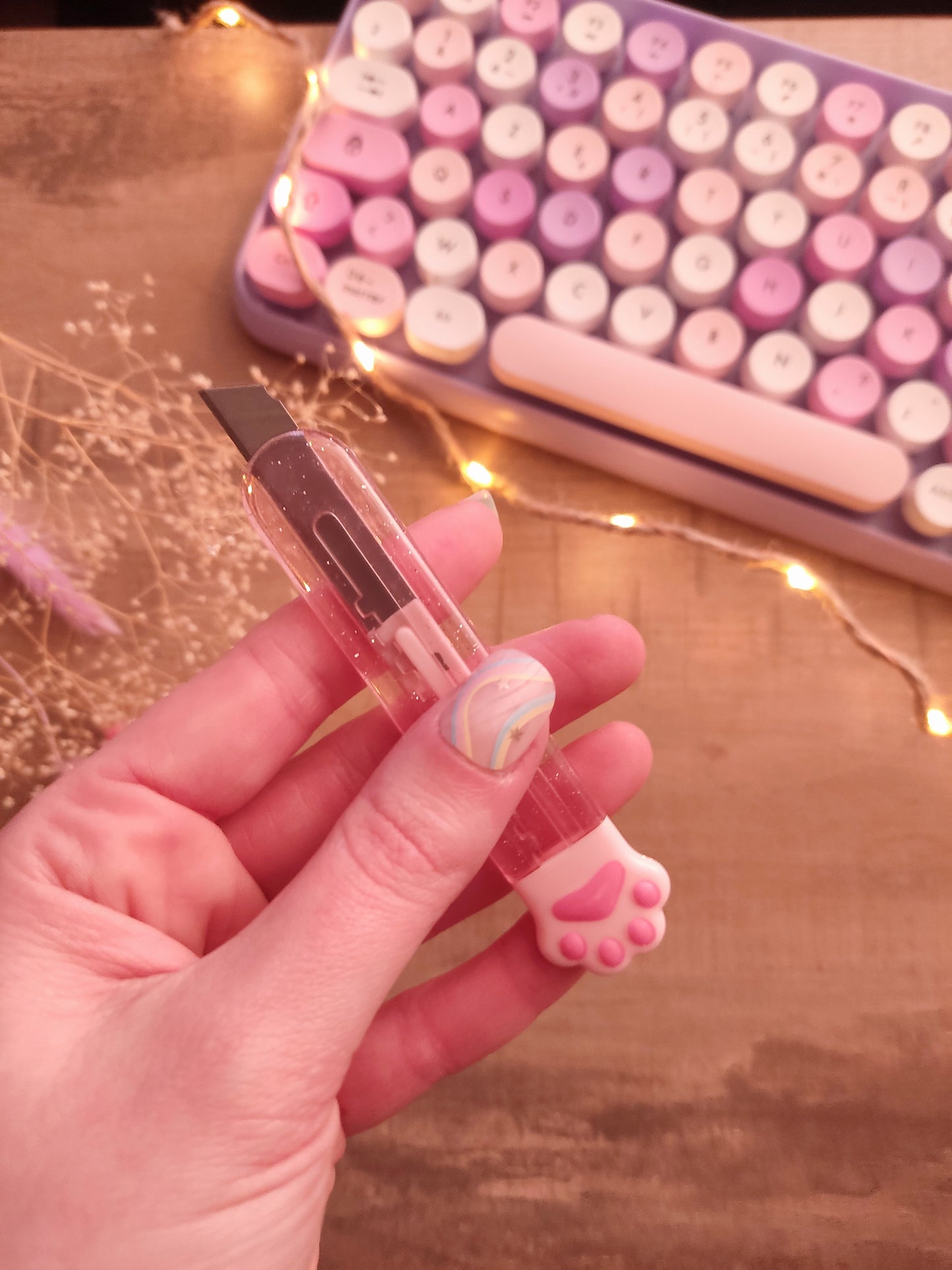 Cutter Patte de Chat Pailleté | Rose Transparent | Accessoire Bureau Kawaii