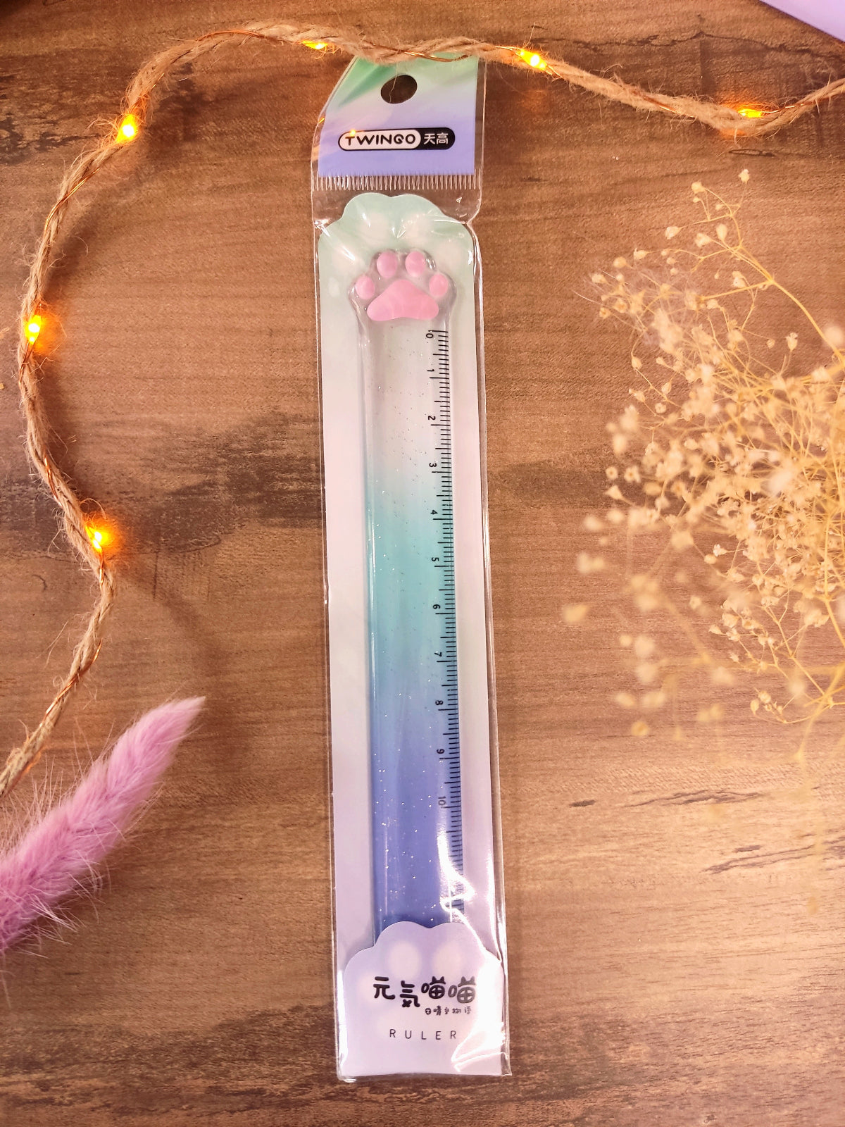 Règle transparente pastel en forme de patte de chat pour la rentrée scolaire bleue verte