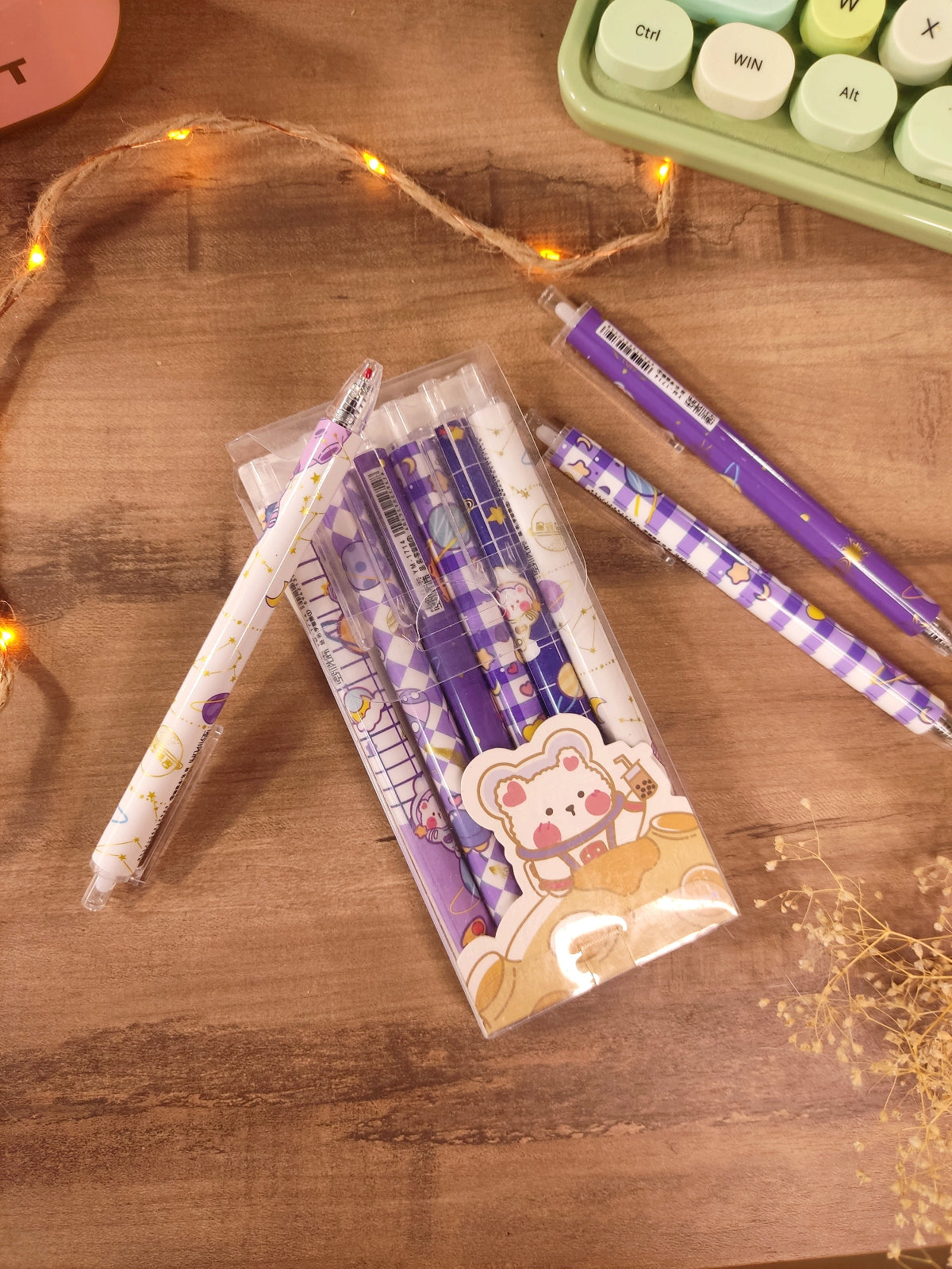 Stylos Gel Noir Oursons Astronautes | Stylos Kawaii | Papeterie Mignonne avec Lunes & Étoiles