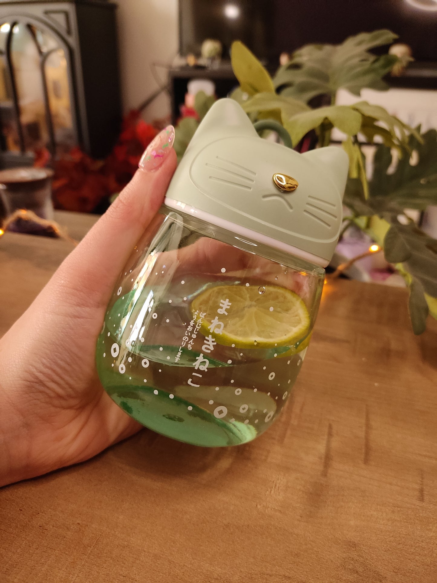 Gourde en Verre Chat Kawaii | Verte | 33cl | Bouchon Tête de Chat | Bouteille d'Eau Mignonne & Originale