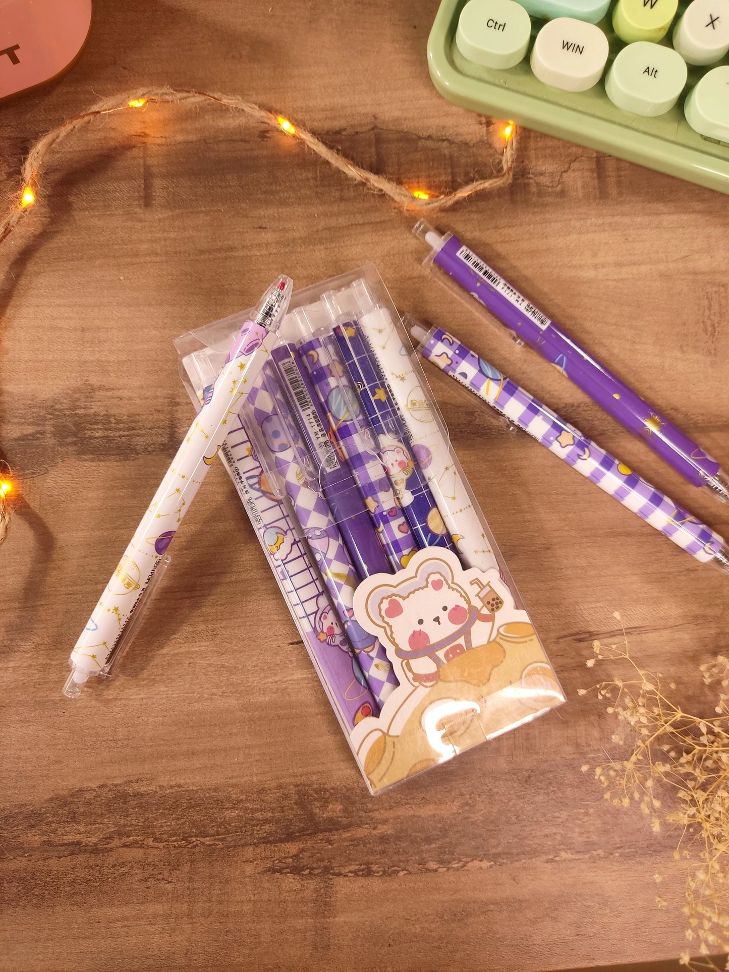 Stylos Gel Noir Oursons Astronautes | Stylos Kawaii | Papeterie Mignonne avec Lunes & Étoiles