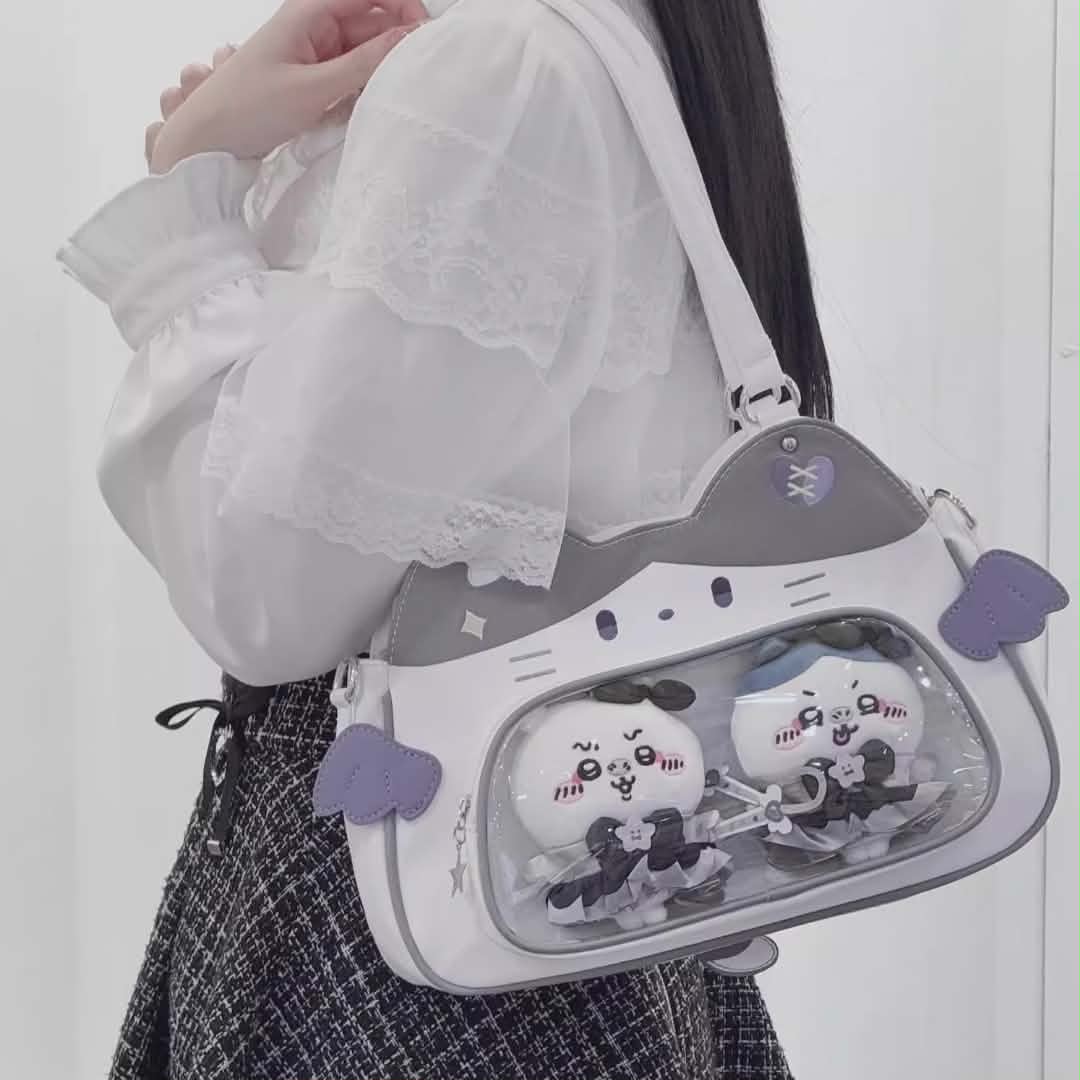 Sac Ita-Bag Blanc Gris Chat Harajuku Y2K | Sac à Main Kawaii Personnalisable pour Pins & Peluches