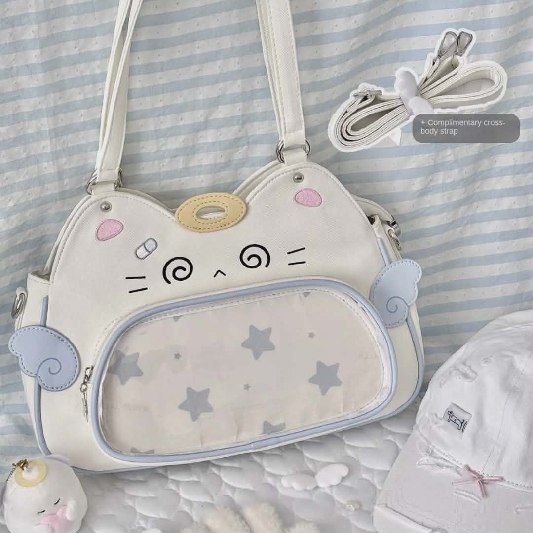 Sac Ita-Bag Blanc Ange Chat Harajuku Y2K | Sac à Main Kawaii Personnalisable pour Pins & Peluches