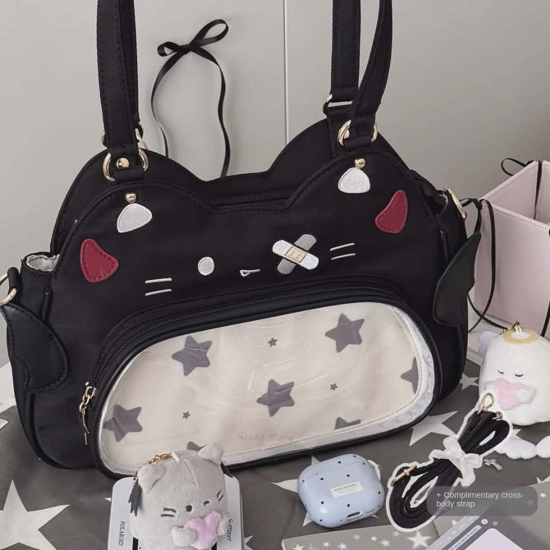 Sac Ita-Bag Noir Chat Harajuku Y2K | Sac à Main Kawaii Personnalisable pour Pins & Peluches