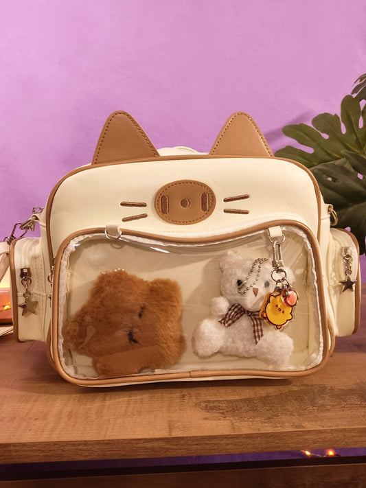 Sac Ita-Bag Beige et marron Chat Harajuku Y2K | Sac à Main Kawaii Personnalisable pour Pins & Peluches
