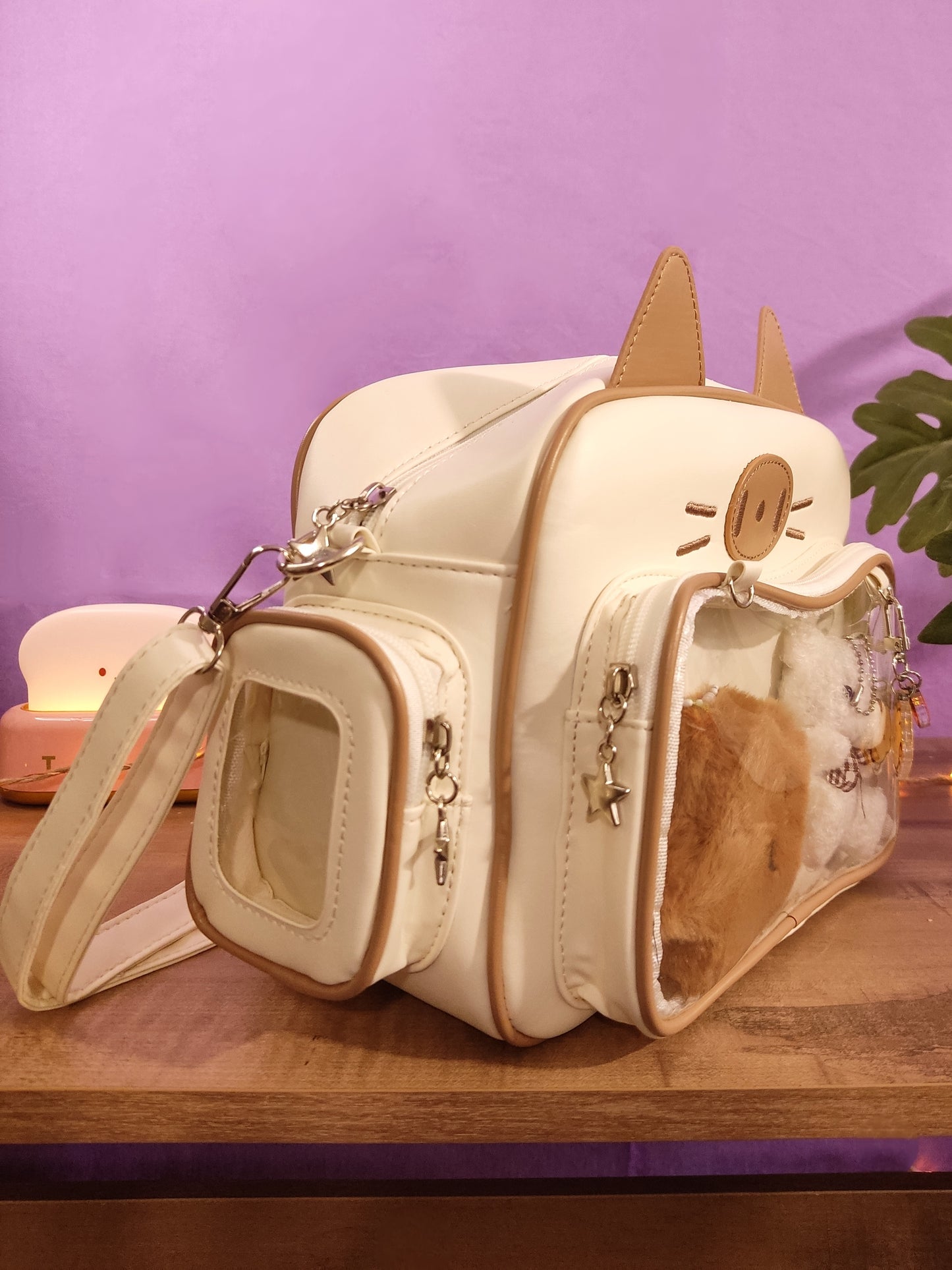 Sac Ita-Bag Beige et marron Chat Harajuku Y2K | Sac à Main Kawaii Personnalisable pour Pins & Peluches