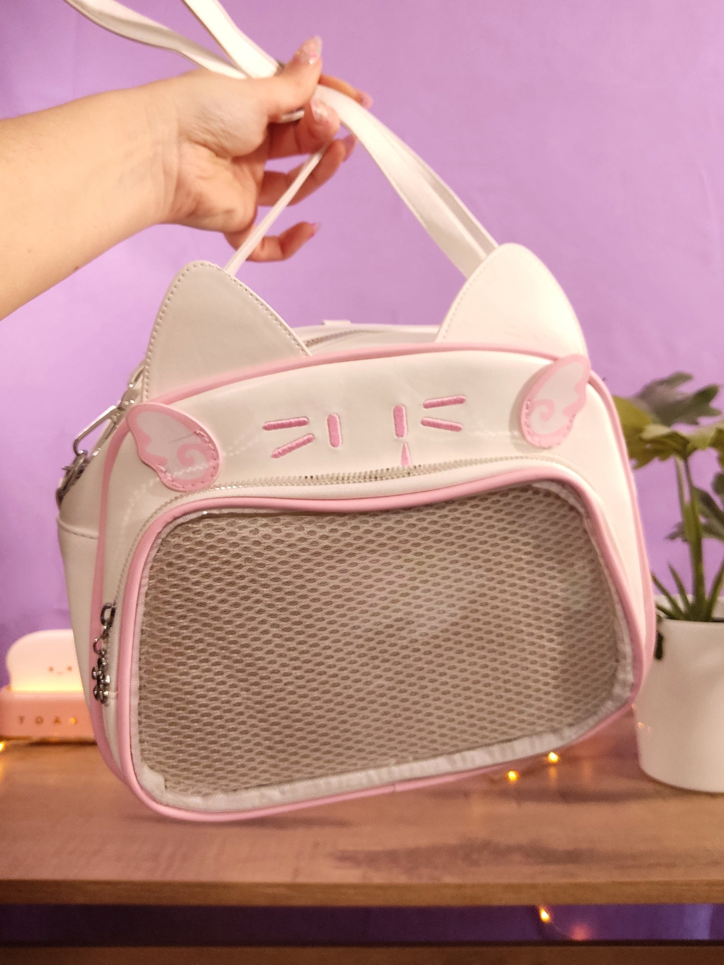 Sac Ita-Bag blanc et rose Chat Harajuku Y2K | Sac à Main Kawaii Personnalisable pour Pins & Peluches