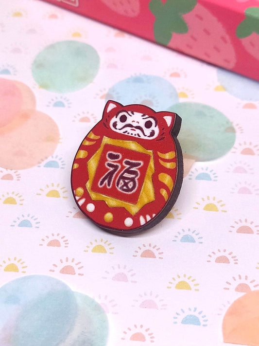 Pin's en Bois Virtual-Cat Daruma | Broche Kawaii Japonaise | Badge Original & Mignon