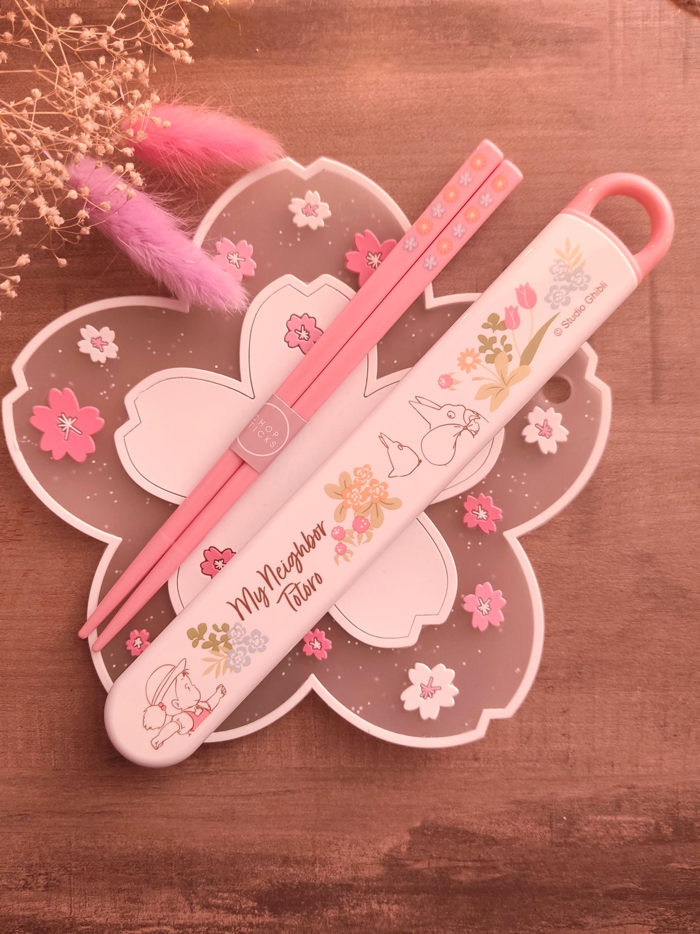 Boîte à Baguettes Totoro Fleurs - Mon Voisin Totoro - Set Baguettes Roses et Boîte - Cadeau Ghibli