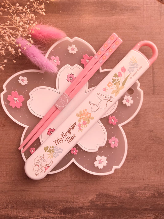 Boîte à Baguettes Totoro Fleurs - Mon Voisin Totoro - Set Baguettes Roses et Boîte - Cadeau Ghibli