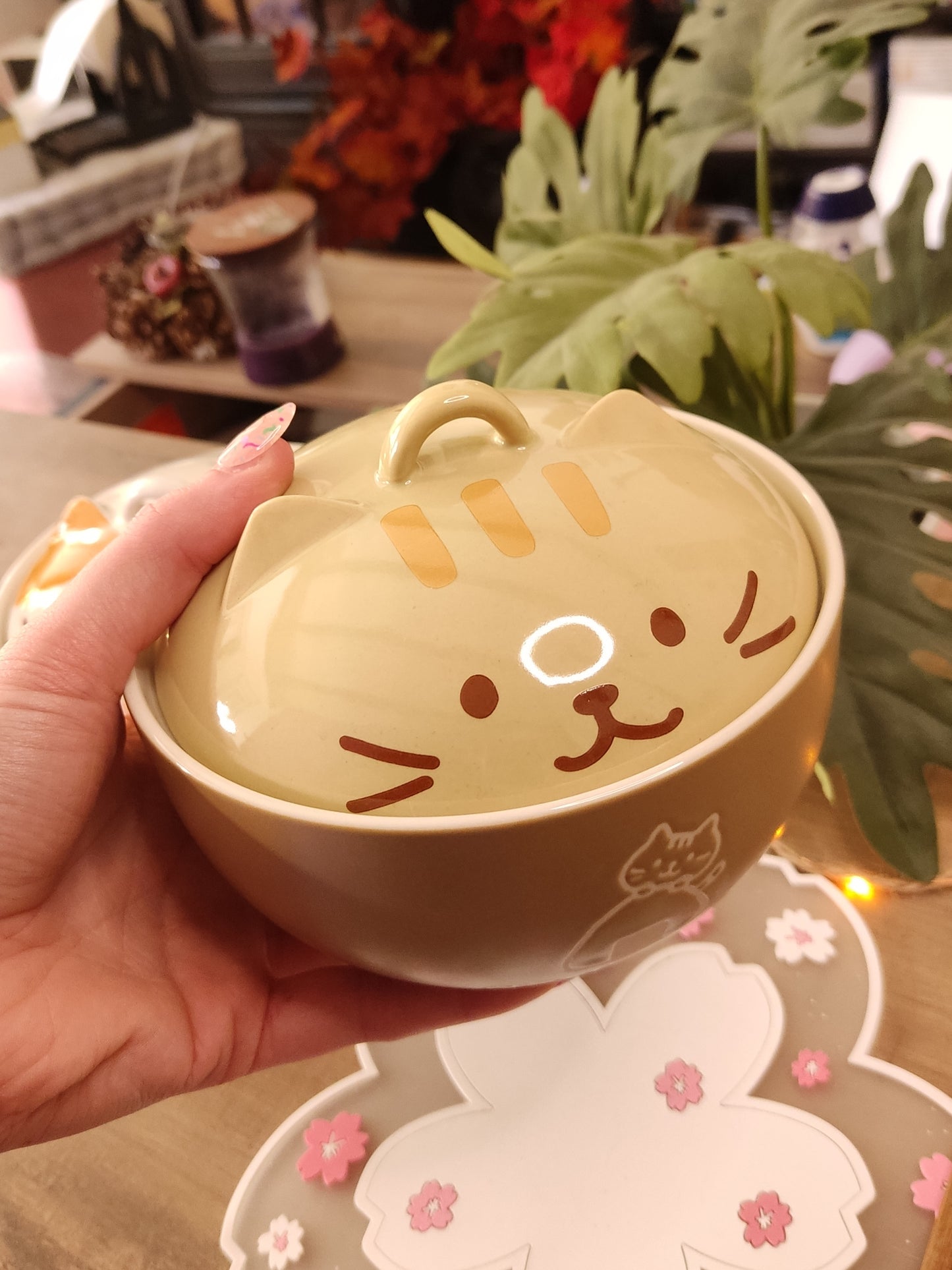 Bol à Soupe Ramen Chat Beige Kawaii avec Couvercle Céramique | Bol Japonais Mignon | Cadeau Amoureux des Chats