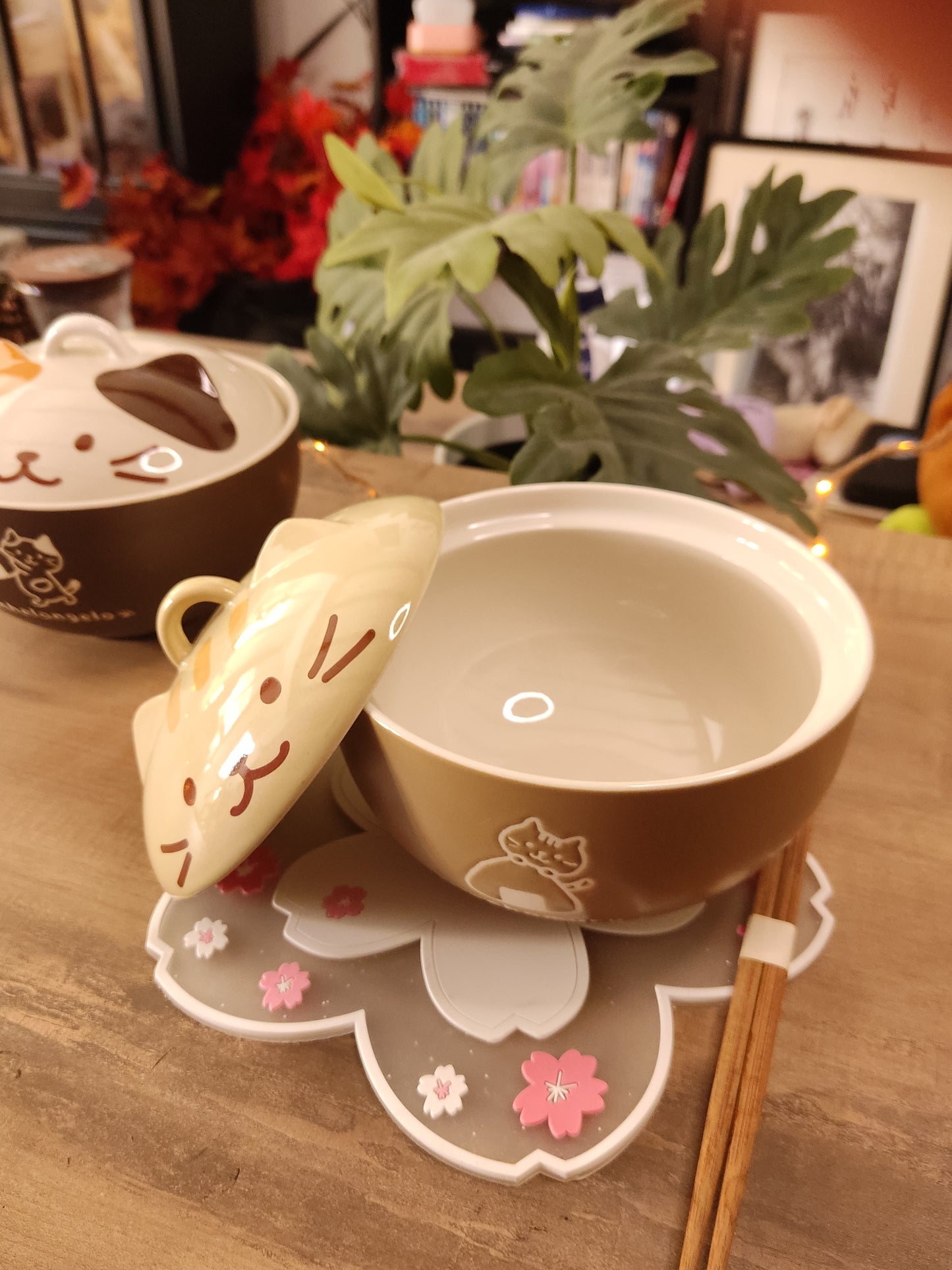 Bol à Soupe Ramen Chat Beige Kawaii avec Couvercle Céramique | Bol Japonais Mignon | Cadeau Amoureux des Chats