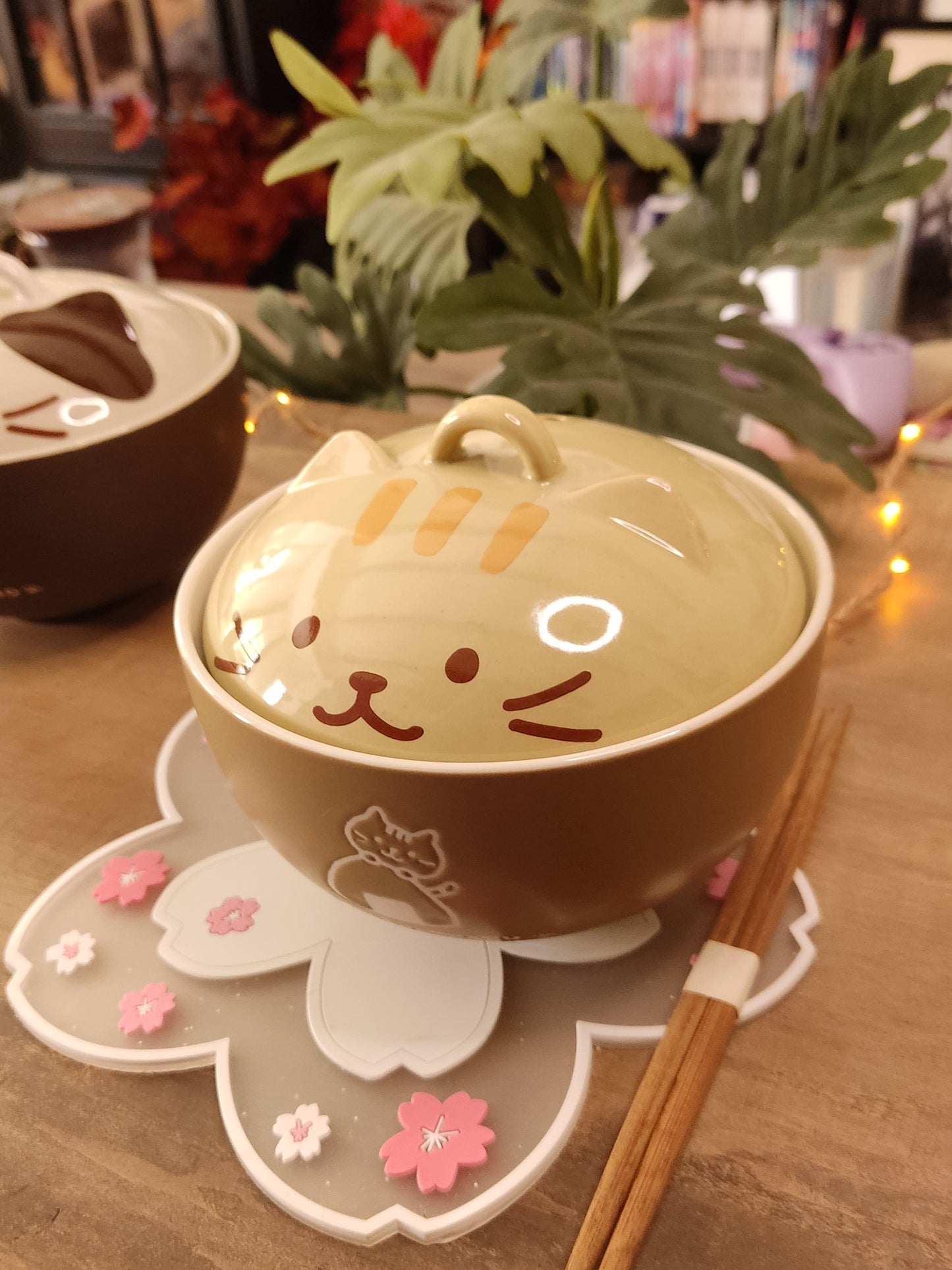 Bol à Soupe Ramen Chat Beige Kawaii avec Couvercle Céramique | Bol Japonais Mignon | Cadeau Amoureux des Chats