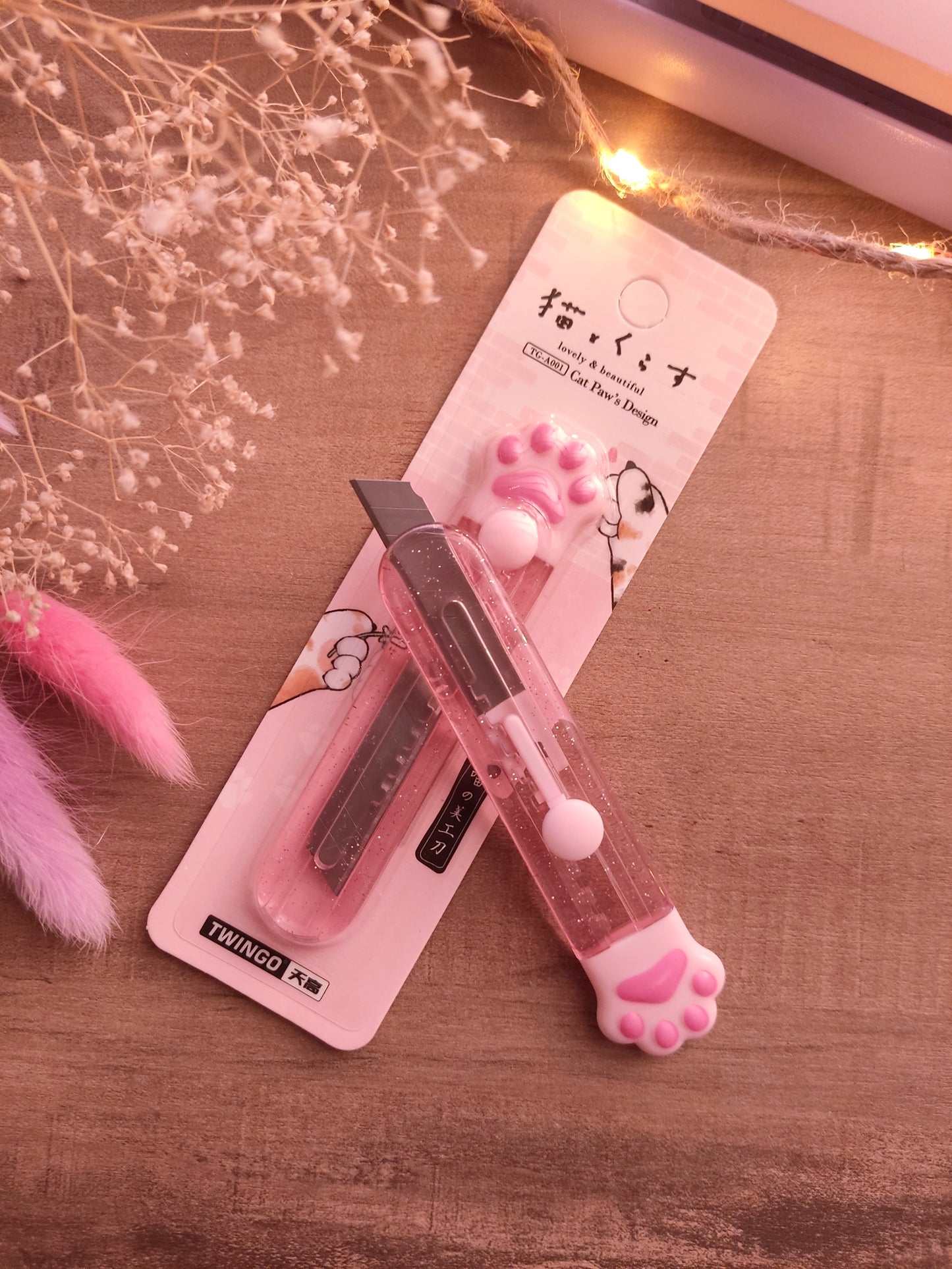 Cutter Patte de Chat Pailleté | Rose Transparent | Accessoire Bureau Kawaii