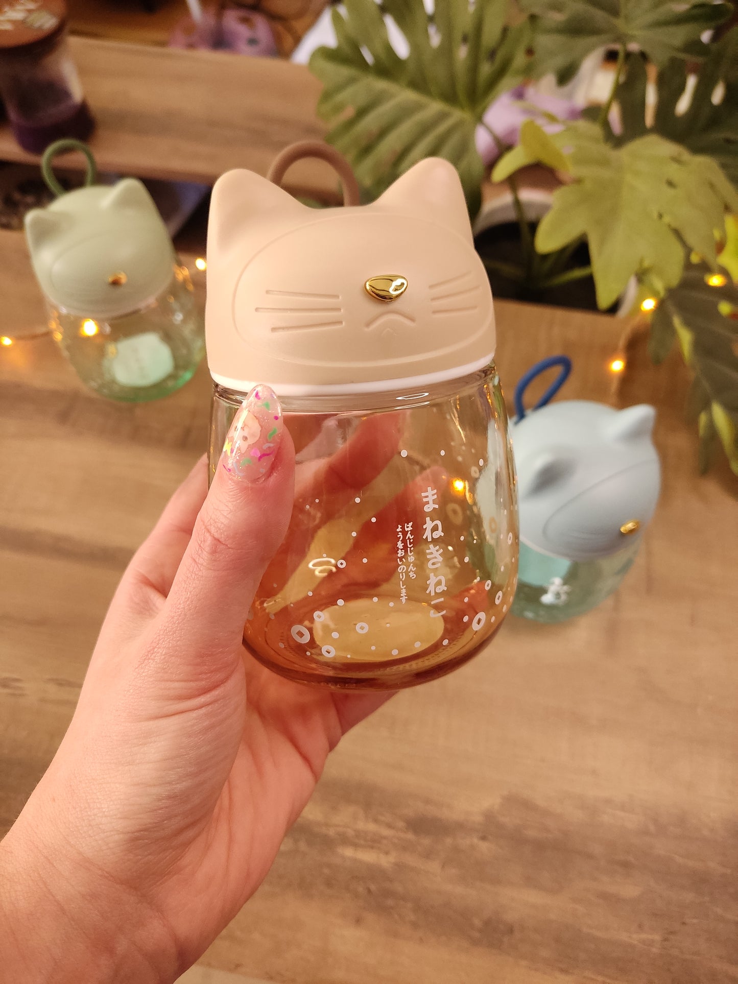 Gourde en Verre Chat Kawaii | Beige| 33cl | Bouchon Tête de Chat | Bouteille d'Eau Mignonne & Originale