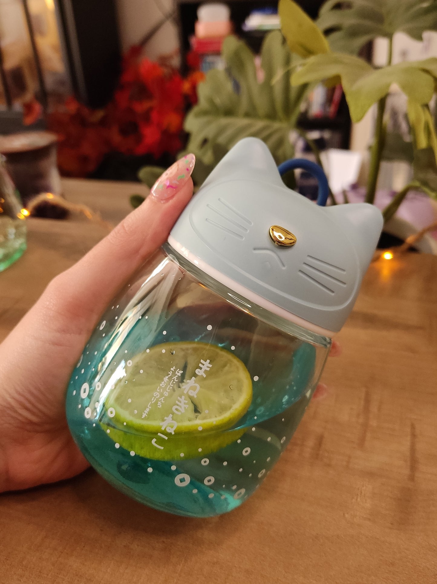 Gourde en Verre Chat Kawaii | Bleue | 33cl | Bouchon Tête de Chat | Bouteille d'Eau Mignonne & Originale