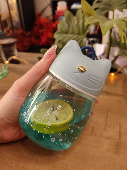 Gourde en Verre Chat Kawaii | Bleue | 33cl | Bouchon Tête de Chat | Bouteille d'Eau Mignonne & Originale