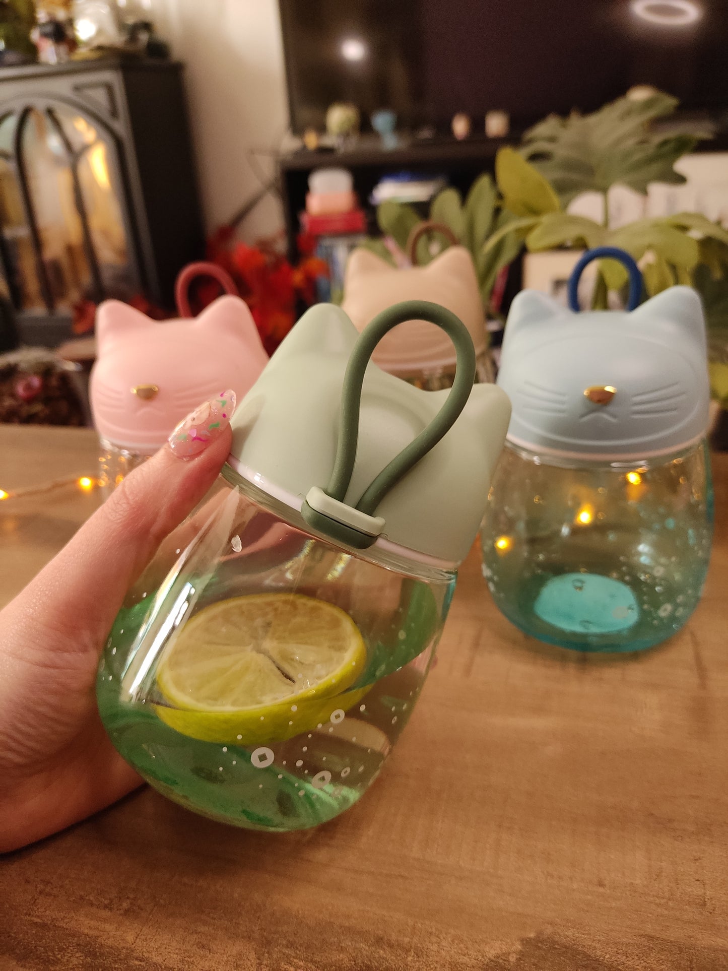 Gourde en Verre Chat Kawaii | Verte | 33cl | Bouchon Tête de Chat | Bouteille d'Eau Mignonne & Originale