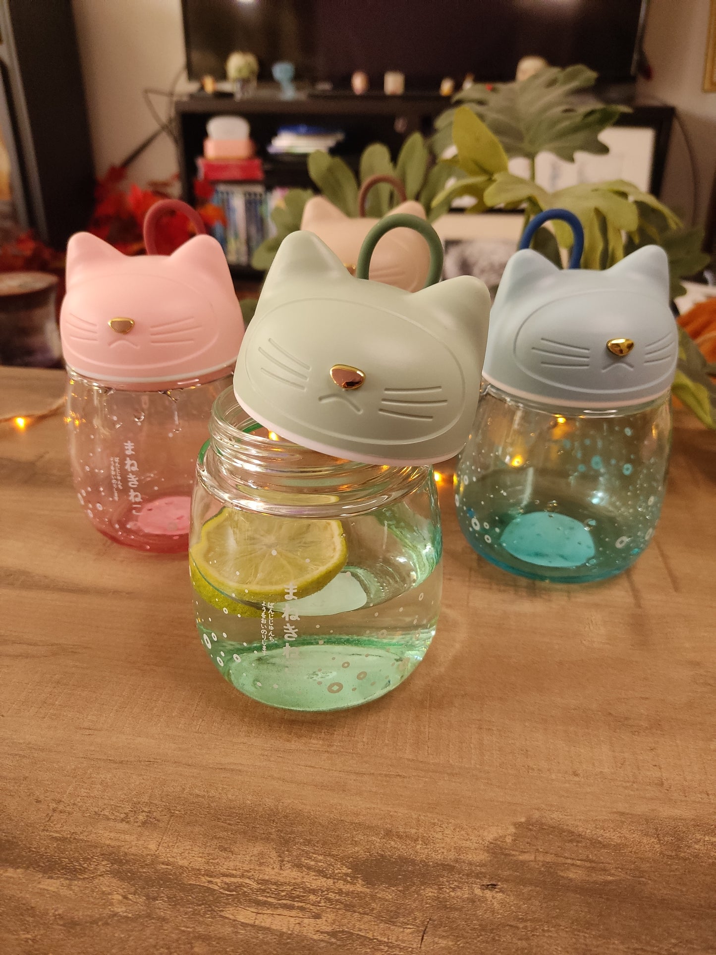 Gourde en Verre Chat Kawaii | Verte | 33cl | Bouchon Tête de Chat | Bouteille d'Eau Mignonne & Originale