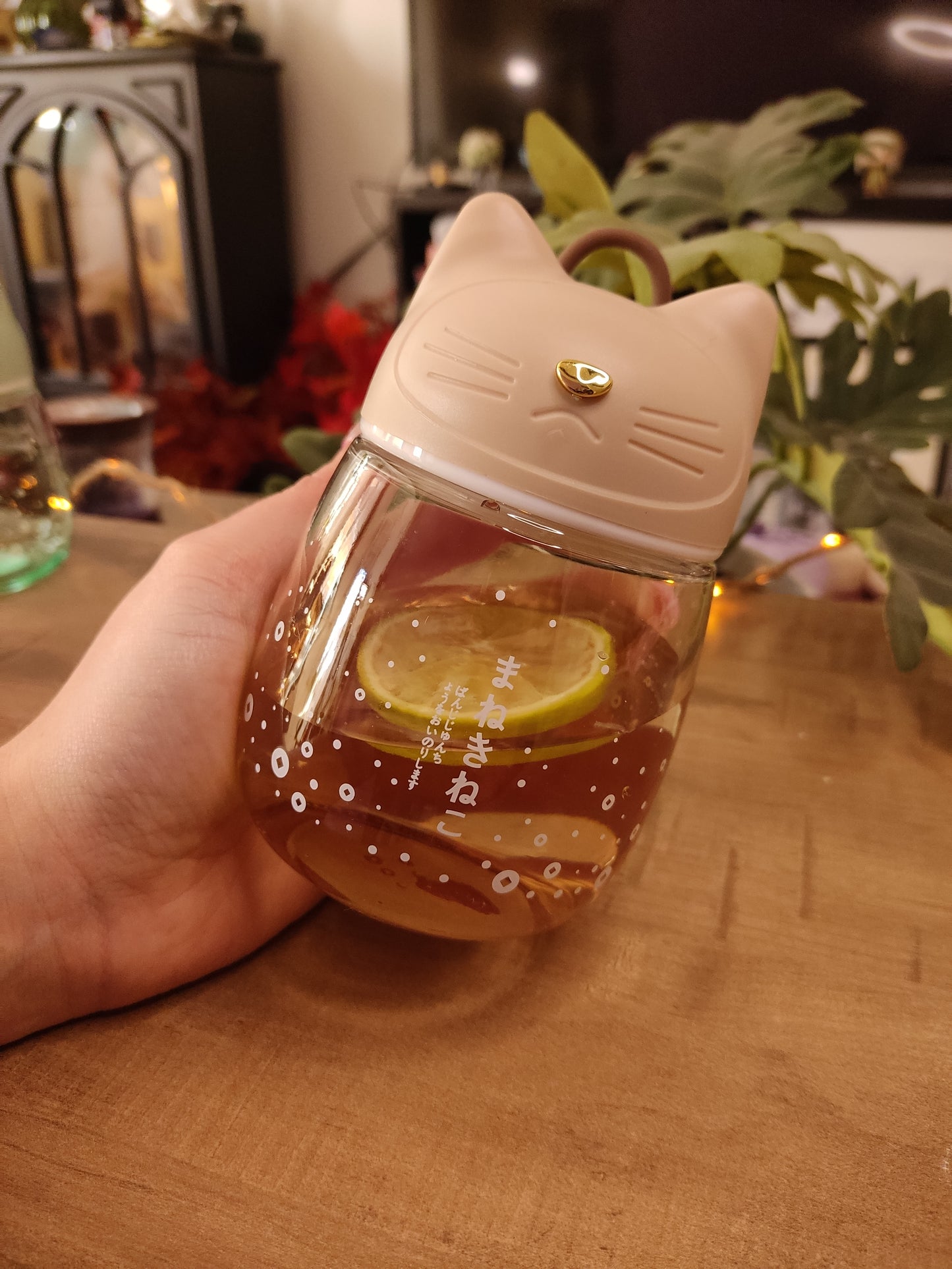 Gourde en Verre Chat Kawaii | Beige| 33cl | Bouchon Tête de Chat | Bouteille d'Eau Mignonne & Originale