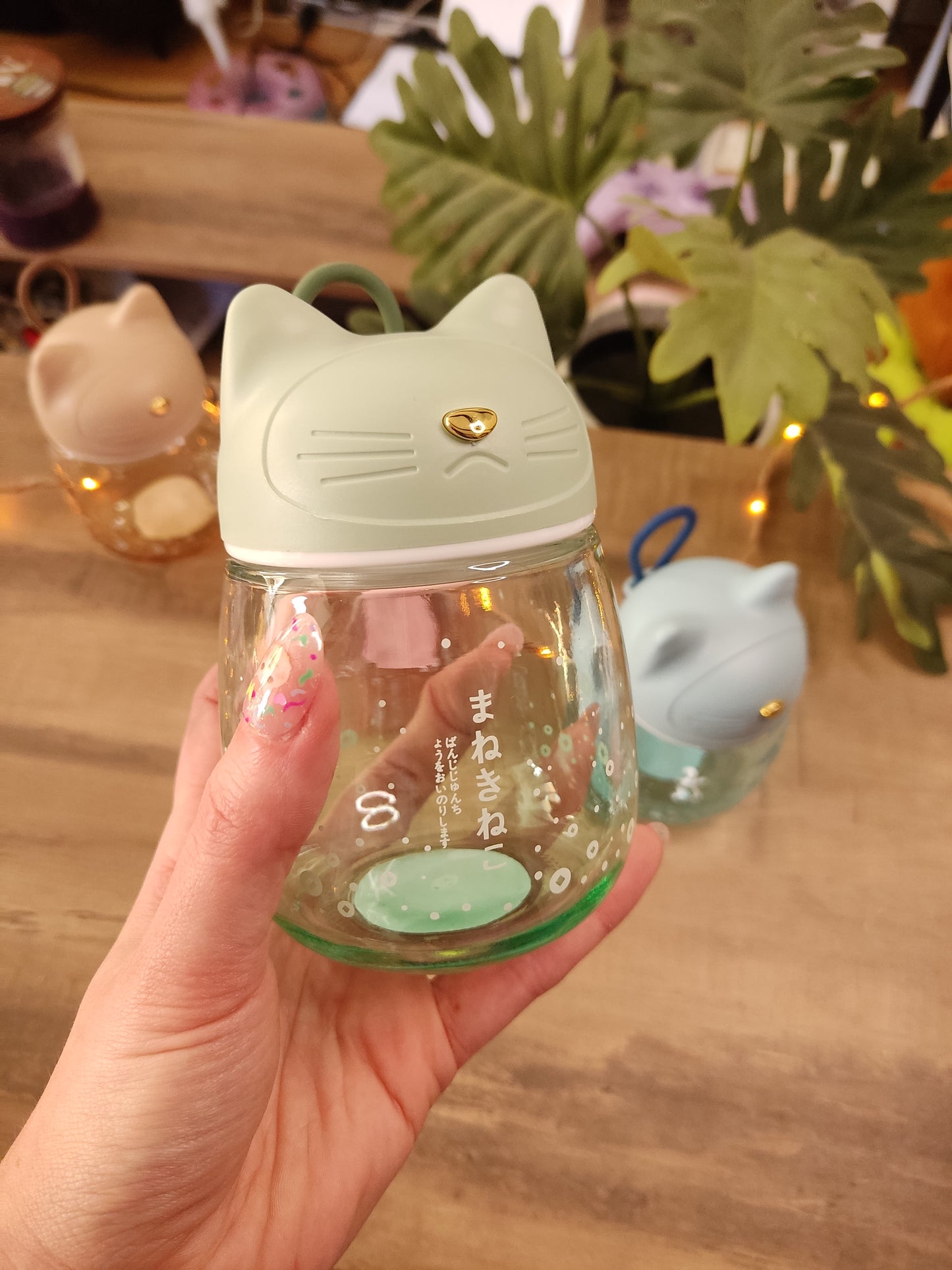 Gourde en Verre Chat Kawaii | Verte | 33cl | Bouchon Tête de Chat | Bouteille d'Eau Mignonne & Originale
