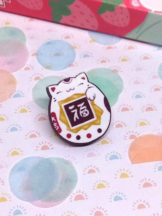 Pin's en Bois Virtual-Cat Maneki Neko - Badge Chat Japonais Porte-Bonheur Kawaii - Accessoire Tendance pour Vêtements et Sacs
