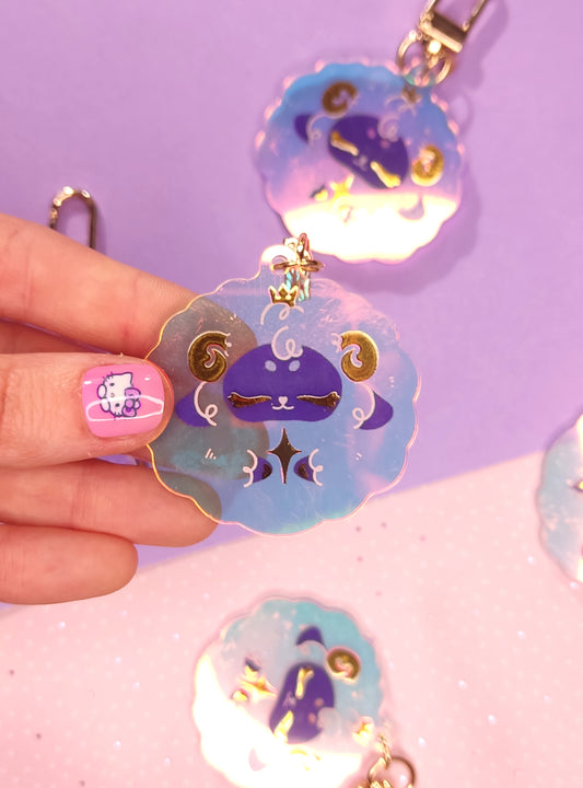 Porte-Clés Acrylique Holographique Dieu Flouffy | Couronne & Cornes Dorées | Trinket Original Ada Stationery