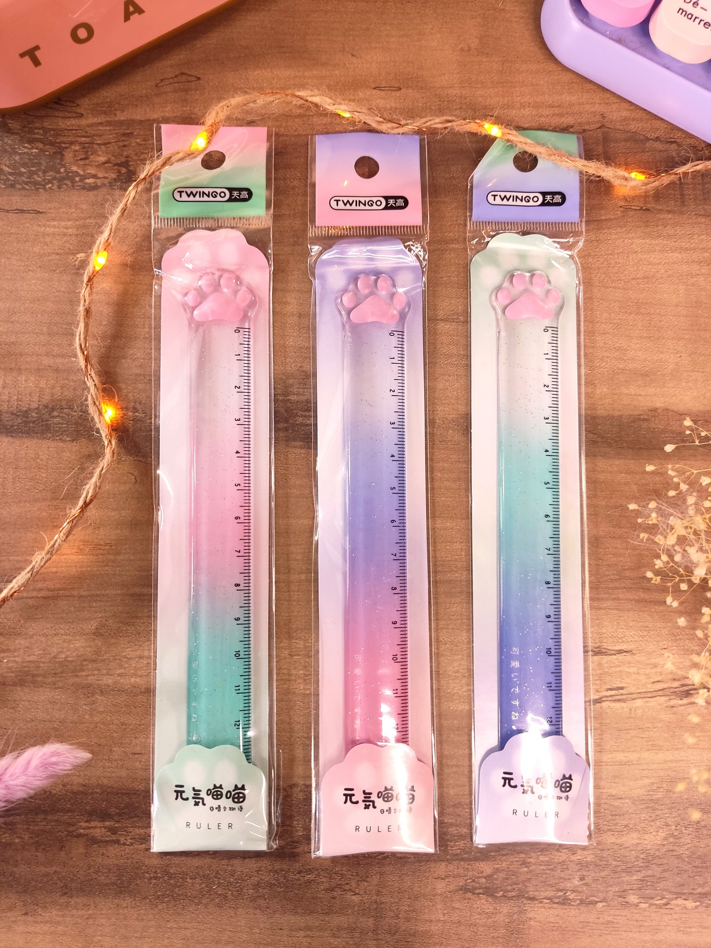 Règle Patte de Chat Transparente Dégradée| Paillettes | Fourniture de Bureau Kawaii & Mignonne