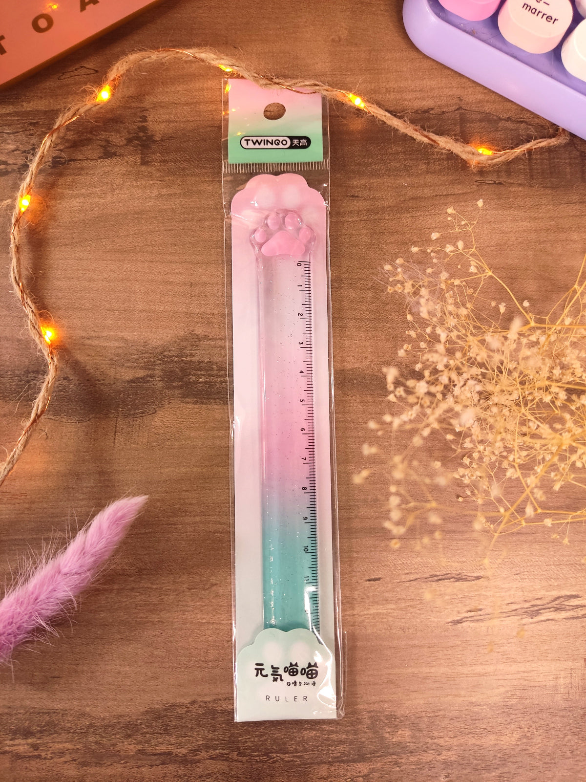 Règle transparente pastel en forme de patte de chat pour la rentrée scolaire rose verte
