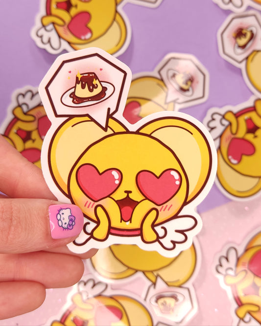 Sticker Vinyle Brillant Kero Et Son Flan - Cœurs aux Yeux - Desserts & Mignonnerie Kawaii