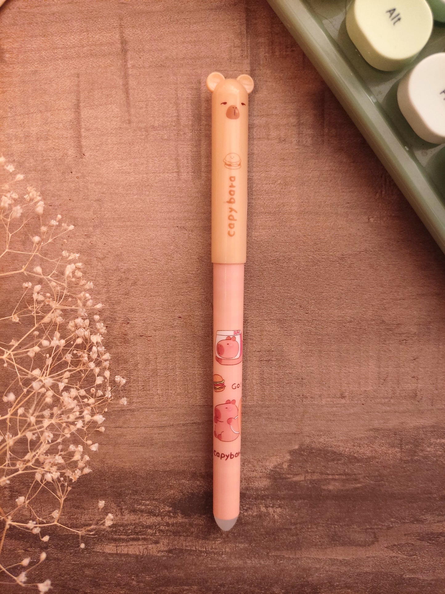 Stylo Gel Effaçable Capybara | Encre Noire Thermosensible | Gomme Intégrée | Accessoire Bureau Kawaii