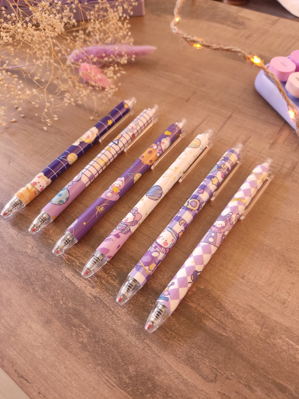 Stylos ourson astronaute rangés dans une trousse d'école pour le collège et lycée.