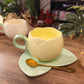 Tasse Tulipe Jaune avec Soucoupe en Forme de Feuille | Mug Floral et Original | Tasse à Café ou Thé Élégante