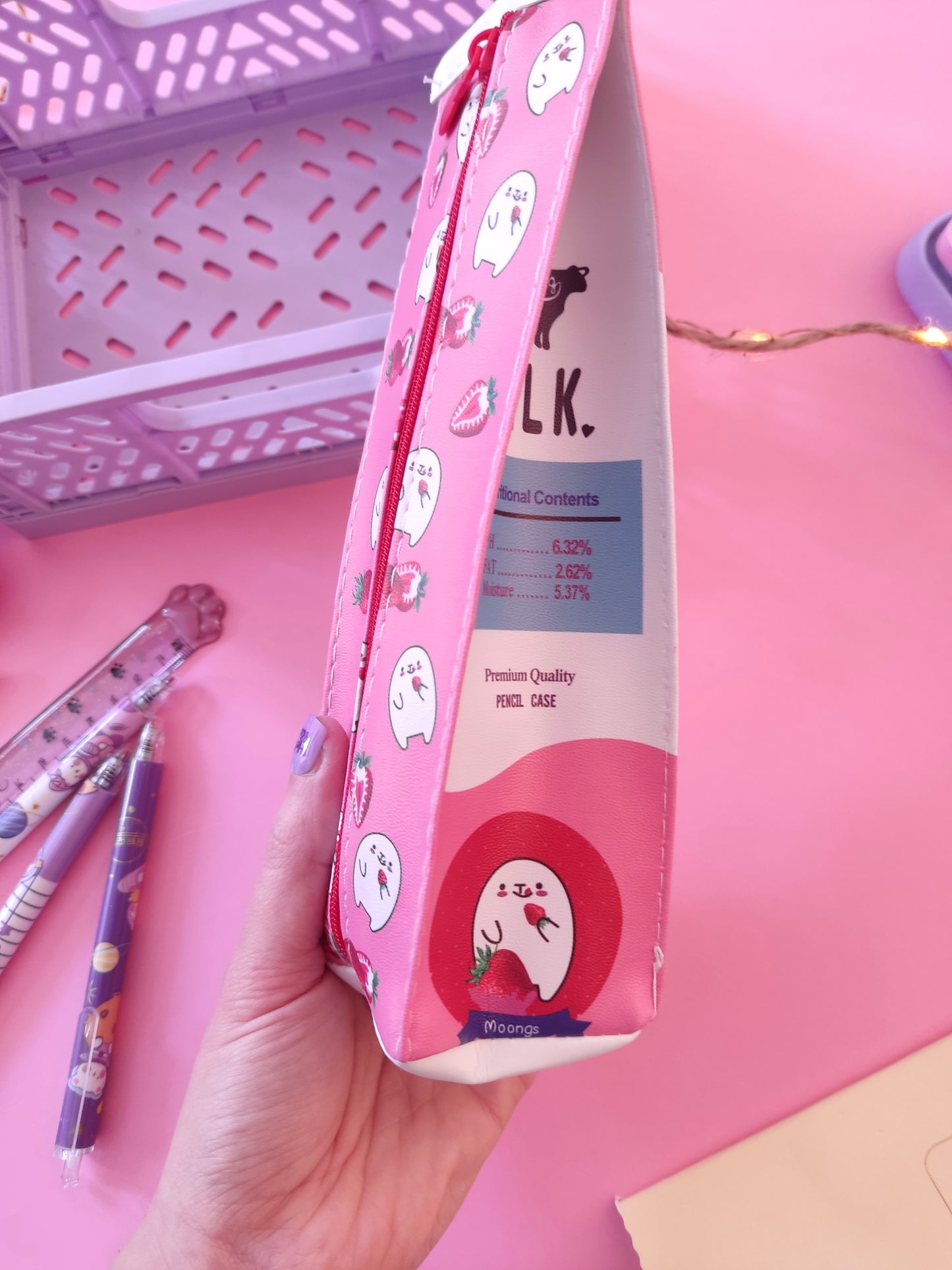 Trousse Brique de Lait Fraise Kawaii | Trousse Scolaire Originale | Papeterie Fantaisie